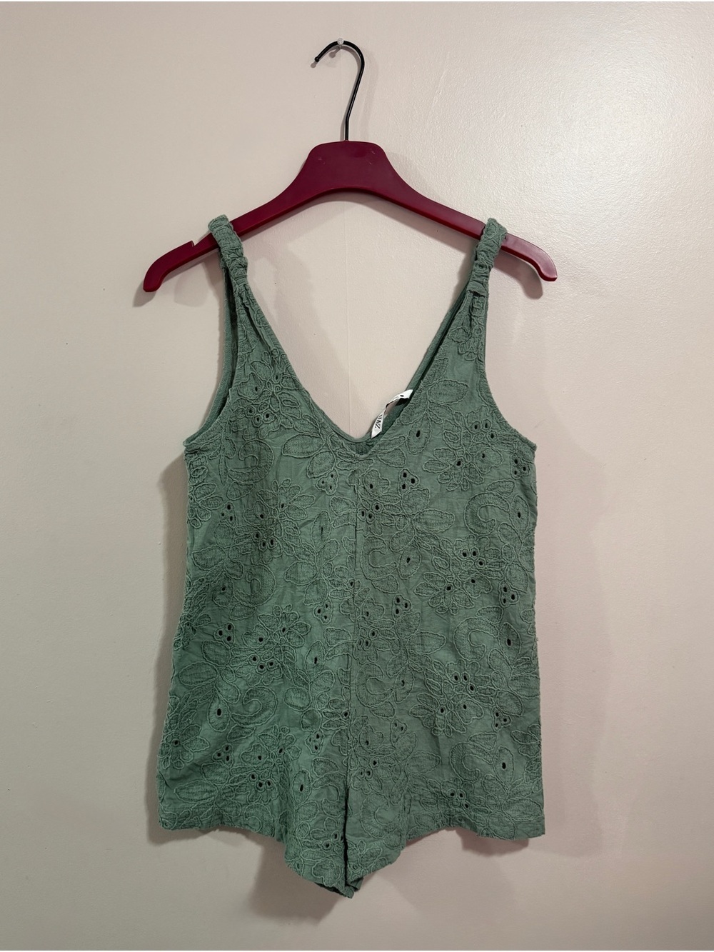 ZARA Sage Green Embroidered Romper Boho Fairycore V-Neck Sleeveless Romper S
